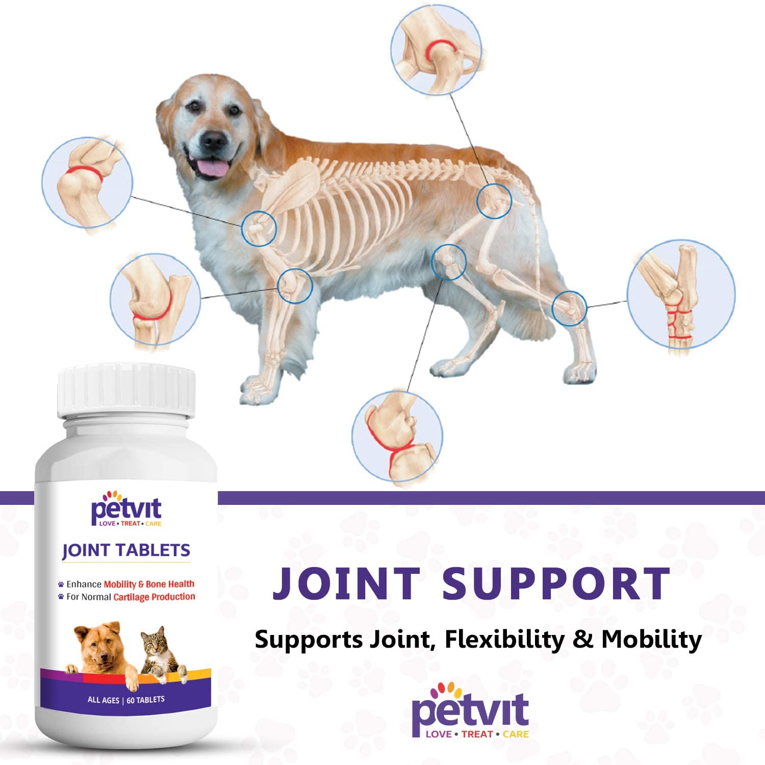 Petvit Joint-Cartilage Supplement with Glucosamine, Chondroitin, MSM, Collagen & Hyaluronic Acid for Dogs and Cats - 60 Palatable Chewable Tablets