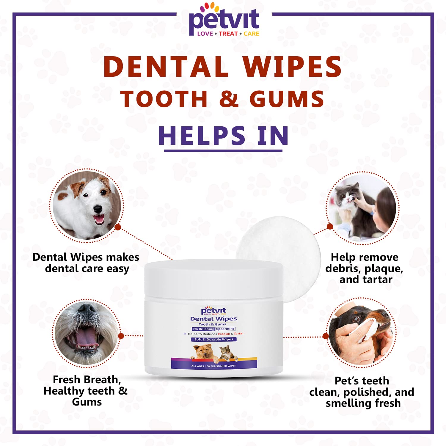 Petvit Dental Wipes for Tartar and Plaque Remover for Teeth Cleaning |Paraben Free & pH-Balance -for All Breed Dog & Cat - 50 Wipes for All Age Group