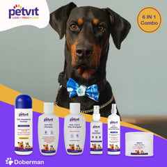 Petvit Doberman Grooming 6 in 1 Combo from Head to Tail for Your Dog Natural Waterless Shampoo + Anti-Itch Shampoo + Paw Butter + Anti-Tick & flea Shampoo + Pet Sanitizer + Tick Repellent Powder