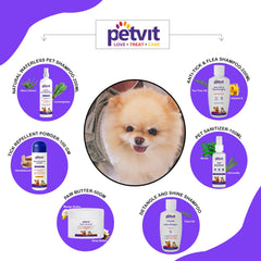 Petvit Pomeranian 6 in 1 Grooming Combo (Natural Waterless Shampoo + Detangle & Shine Shampoo + Paw Butter + Anti-Tick & flea Shampoo + Pet Sanitizer + Tick Repellent Powder)
