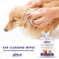 Petvit Ear Cleansing Wipes for Dogs and Cats to Remove Dirt, Odors & Wax from Ears  - Fragrance Less 50 Wipes