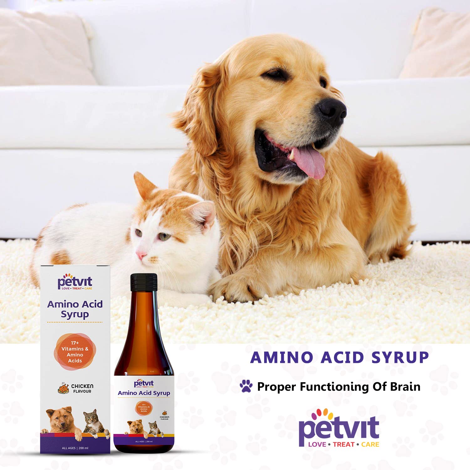 Petvit Amino Acid Syrup with 17 Vitamins & Essential Amino Acids, Advanced Wellness Formula with Antioxidants & Immunity Booster | Chicken Flavour | All Ages Breed Dogs & Cats – 200 ml