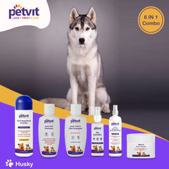 Petvit The Husky Grooming 6 in 1 Grooming Combo (Dog Natural Waterless Shampoo + Detangle & Shine Shampoo + Paw Butter + Anti-Tick & flea Shampoo + Pet Sanitizer + Tick Repellent Powder)