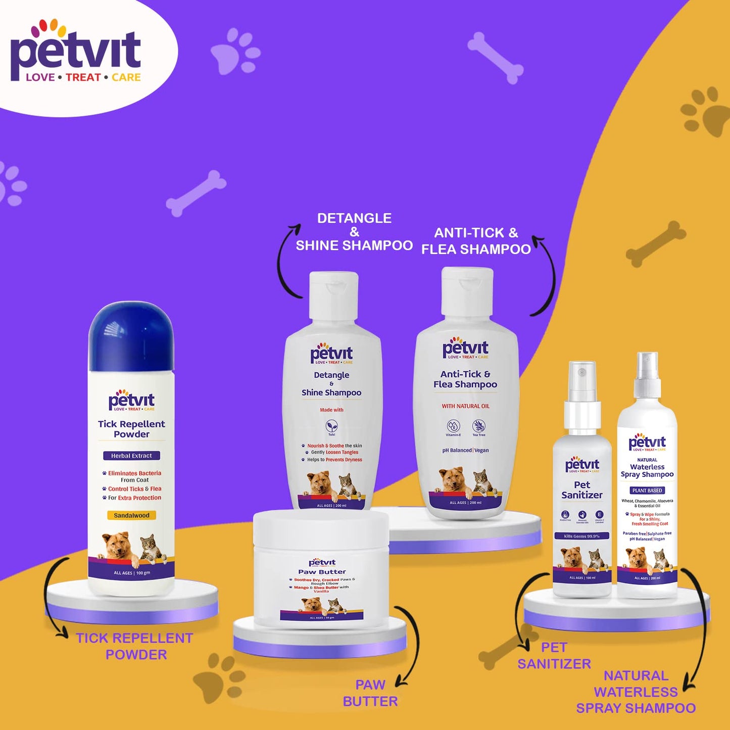 Petvit Pomeranian 6 in 1 Grooming Combo (Natural Waterless Shampoo + Detangle & Shine Shampoo + Paw Butter + Anti-Tick & flea Shampoo + Pet Sanitizer + Tick Repellent Powder)