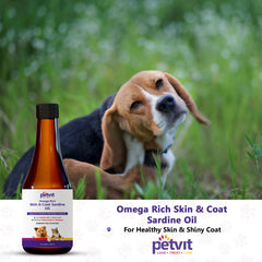 Petvit Omega Rich Skin & Coat Sardine Oil with Omega 3, Omega 6, Vitamin E, Vitamin A, Biotin | For Healthy Skin & Shiny Coat | Helps Relieves Dry & Itchy Skin | Sardine Fish Flavour | For All Ages Breed Dogs & Cat – 200ml